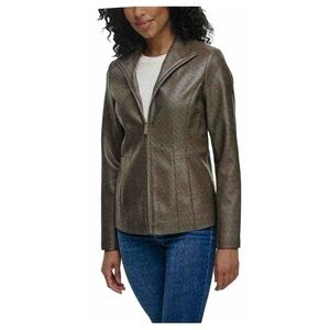NWOT KENNETH COLE GRAY FAUX LEATHER STANDUP COLLAR ZIP JACKET Size M
